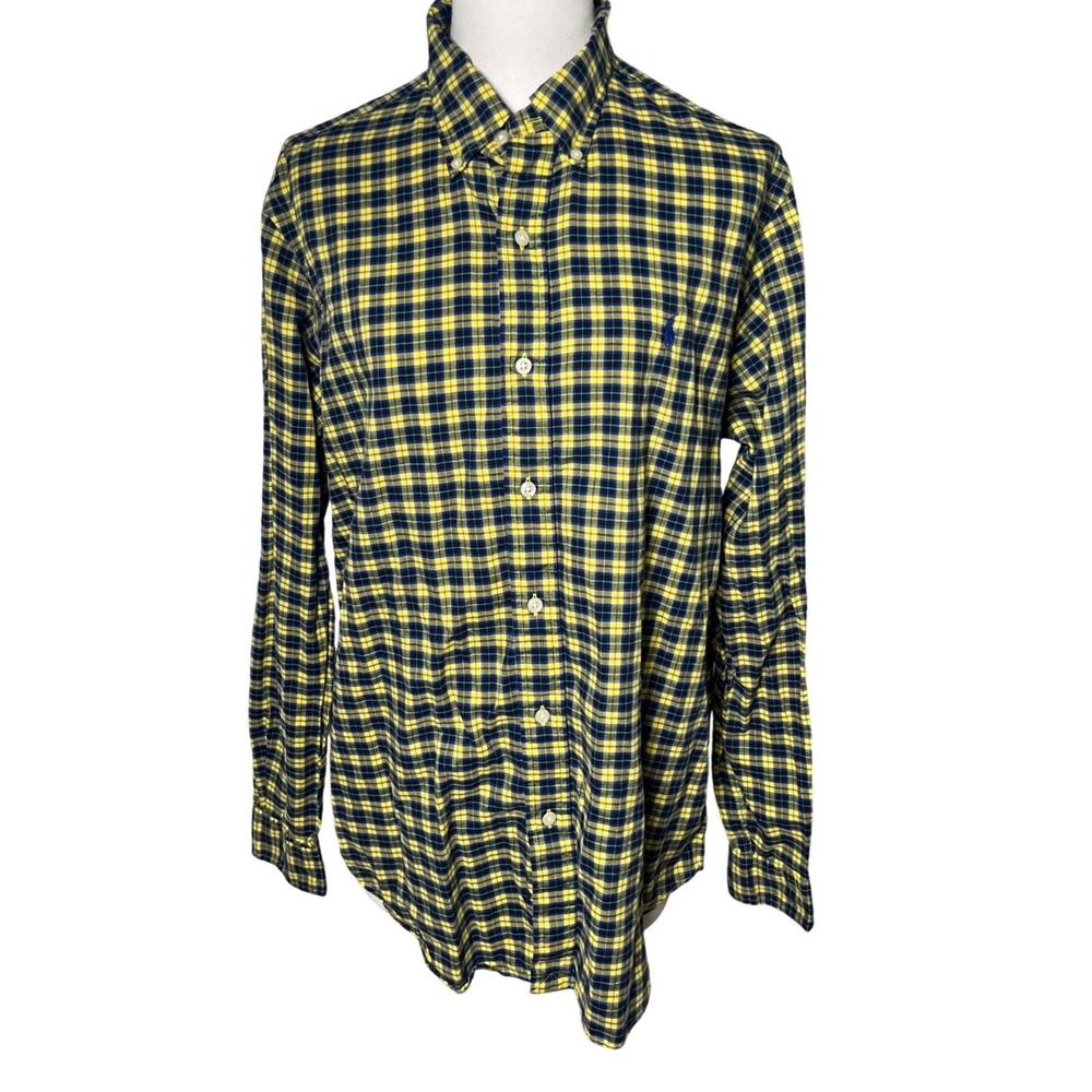 Ralph Lauren Plaid Button Down Shirt Yellow‎ Navy Blue Cotton Pony Logo